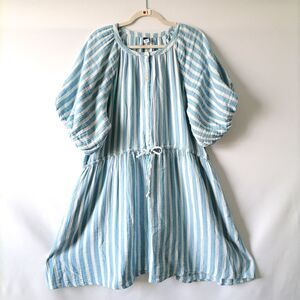 Old Navy Womens Blue White Striped Puff Sleeve Ribbed Tie Midi Dress Size L